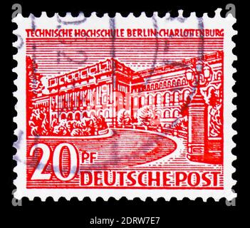 MOSCOU, RUSSIE - 10 FÉVRIER 2019 : TIMBRE-poste RARE imprimé en Allemagne, République fédérale, spectacles Université technique, Berlin-Charlottenburg, série, Banque D'Images