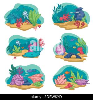Aquarium avec poissons, coraux et vecteur d'algues Illustration de Vecteur