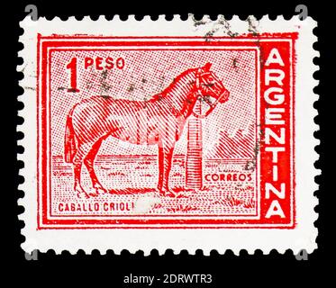 MOSCOU, RUSSIE - 10 FÉVRIER 2019 : un timbre imprimé en Argentine montre le cheval (Equus ferus caballus), la série personnalités et paysages, vers 1959 Banque D'Images