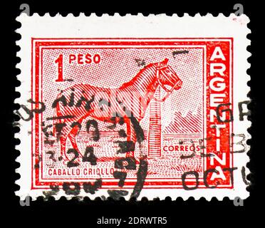 MOSCOU, RUSSIE - 10 FÉVRIER 2019 : un timbre imprimé en Argentine montre le cheval (Equus ferus caballus), la série personnalités et paysages, vers 1959 Banque D'Images