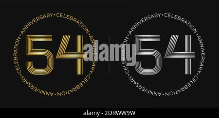54ème anniversaire. Bannière de célébration du cinquante-quatre ans aux couleurs or et argent. Logo circulaire avec motif chiffres originaux. Illustration de Vecteur
