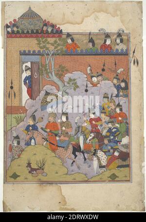 Alexandre les grandes Marches vers l'Andalousie, d'un manuscrit du Livre des Rois (Shahnama), fin du XVIe siècle, encre, aquarelle opaque, et or sur papier, feuille: 11 1/2 × 8 po. (29.2 × 20.3 cm), connu sous le nom d'Iskandar en persan, Alexandre le Grand (356–321 C.-B.E.) joue un rôle important dans le Livre des Rois (Shahnama). Sur cette page, il est montré marchant vers l'Andalousie dans le sud de l'Espagne, où il a épousé une reine locale et a accepté d'épargner son royaume., iranien/persan, islamique, période safavide (1501-1722), peintures Banque D'Images