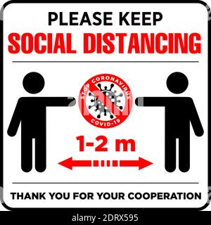 Panneau d'avertissement Veuillez maintenir une distance de sécurité de 1-2 M. Mesures de quarantaine, risque d'infection à coronavirus COVID-19. Illustration, vecteur sur fond transparent Illustration de Vecteur