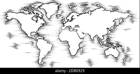 Plan du monde dessin ancienne coupe de bois gravé style Illustration de Vecteur