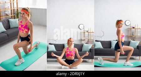 Collage de jeunes sportswoman avec des jambes croisées en regardant loin et faire des fentes tout en tenant la haltère à la maison Banque D'Images