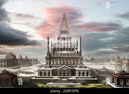 Reconstruction imaginaire du mausolée à Halicarnassus ou tombeau de Mausolus, l'une des sept merveilles du monde antique. Digital Sky ajouté. Après une œuvre du XVIIIe siècle de Johann Fischer von Erlach. Banque D'Images