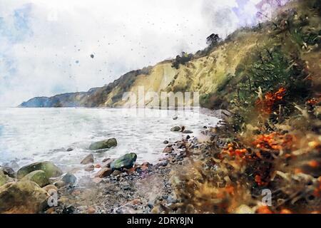 Point d'observation KAP Arkona sur l'île baltique se Rugen. Aquarelle Banque D'Images