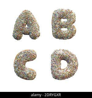 Rendu 3D de l'alphabet de lettres de beignets avec glaçage blanc et Arrosettes colorées - lettres A-D. Banque D'Images