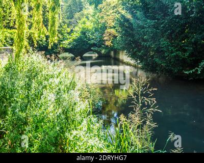 Le joli pont en pierre au-dessus de la rivière Coln à Ablington dans les Cotswolds de Gloucestershire. Banque D'Images