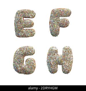 Rendu 3D de l'alphabet de lettres de beignets avec glaçage blanc et Arrosettes colorées - lettres E-H. Banque D'Images