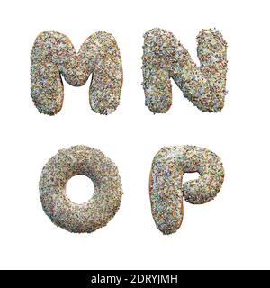 Rendu 3D de l'alphabet de lettres de beignets avec glaçage blanc et Arrosettes colorées - lettres M-P Banque D'Images