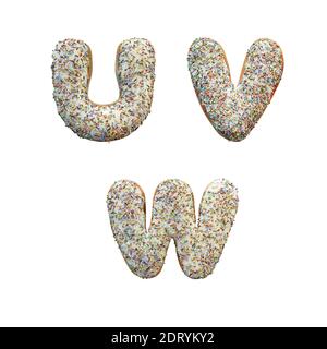 Rendu 3D de l'alphabet de lettres de beignets avec glaçage blanc et Arrosettes colorées - lettres U-W Banque D'Images