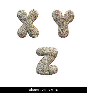 Rendu 3D de l'alphabet de lettres de beignets avec glaçage blanc et Arrosettes colorées - lettres X-Z Banque D'Images