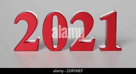Concept de la nouvelle année. Numéro rouge 2021 sur fond gris. rendu 3d Banque D'Images