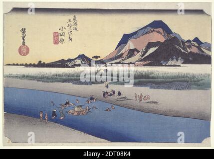 Artiste: Utagawa Hiroshige, japonais, 1797–1858, Odawara Ferry, de la série cinquante-trois stations du Tokaido, 19e siècle, empreinte de blocs de bois polychrome, feuille: 9 × 14 po. (22.8 × 35.5 cm), Japon, japonais, période Edo (1615–1868), fonctionne sur papier - imprime Banque D'Images