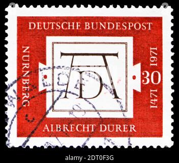 MOSCOU, RUSSIE - 21 FÉVRIER 2019: Un timbre imprimé en Allemagne, République fédérale montre AD; Signum par Albrecht Dürer (1471-1528), peintre et graphique a Banque D'Images