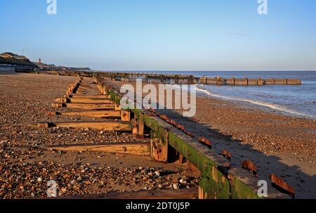 Les vestiges des anciennes défenses maritimes parallèles au littoral de la côte nord de Norfolk à Cart Gap, Happisburgh, Norfolk, Angleterre, Royaume-Uni. Banque D'Images