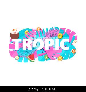 Composition Word TROPIC avec feuilles de jungle bleu rose créatives et fruits sur fond blanc avec style de coupe de papier. Lettres de feuilles tropicales pour affiche Illustration de Vecteur