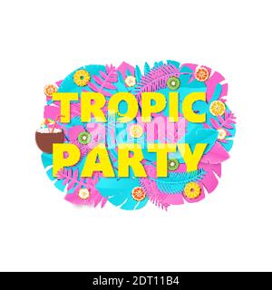 Composition TROPIC PARTY avec feuilles de jungle bleu rose et fruits sur fond blanc avec style de coupe de papier. Lettres jaunes de feuilles tropicales Illustration de Vecteur