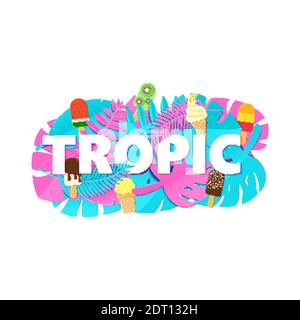 Composition Word TROPIC avec feuilles de jungle bleu rose créatives et crème glacée sur fond blanc avec style coupé en papier. Lettres de feuilles tropicales pour affiche Illustration de Vecteur