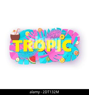 Composition Word TROPIC avec feuilles de jungle bleu rose créatives et fruits sur fond blanc avec style de coupe de papier. Lettres de feuilles tropicales pour affiche Illustration de Vecteur