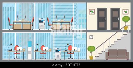 Deux étages de bureau moderne, espace de travail vide intérieur avec meubles, centre d'affaires ou espace de travail, illustration vectorielle plate Illustration de Vecteur