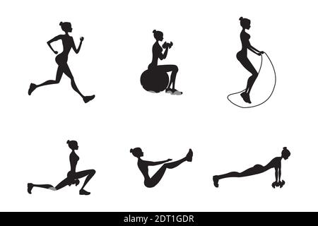 Silhouettes de femmes en poses de forme physique,isolé sur fond blanc,Illustration vectorielle Illustration de Vecteur