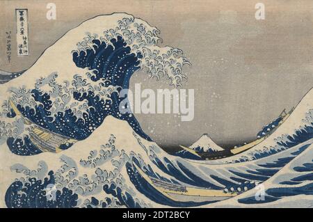 Artiste: Katsushika Hokusai, japonais, 1760–1849, sous les vagues au large de Kanagawa, également connu sous le nom de la Grande vague, de la série trente-six vues du Mont Fuji, vers 1831, ukiyo-e de taille oban; impression de bloc de bois polychrome; bloc de clé bleu, feuille: 9 5/8 × 14 5/8 po. (24.5 × 37.2 cm), 葛飾北斎 ｢富嶽三十六景 神奈川沖浪裏｣ 浮世絵錦絵 江戸時代, Japon, japonais, période Edo (1615–1868), fonctionne sur papier - imprime Banque D'Images