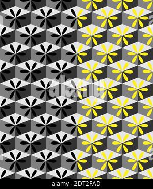 Motif géométrique abstrait sans couture. Texture fantaisie grise Rhombus avec formes florales coupées. Le fond noir ou jaune est facile à changer Illustration de Vecteur