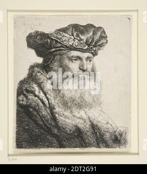 Artiste: Rembrandt (Rembrandt van Rijn), Néerlandais, 1606–1669, Homme à barbe en casquette de velours avec fermoir de bijou, Etching, 9.5 × 8.3 cm (3 3/4 × 3 1/4 in.), fait aux pays-Bas, Néerlandais, 17ème siècle, oeuvres sur papier - estampes Banque D'Images