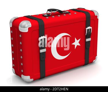 Valise élégante avec le drapeau national de la Turquie. Valise rétro avec le drapeau national de la Turquie se dresse sur une surface blanche. Illustration 3D Banque D'Images