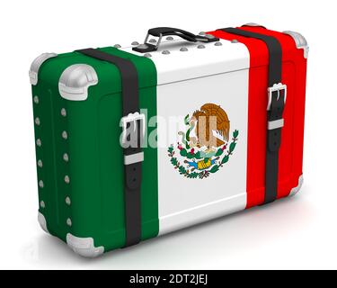 Valise élégante avec le drapeau national du Mexique. La valise rétro avec le drapeau national du Mexique se trouve sur une surface blanche Banque D'Images
