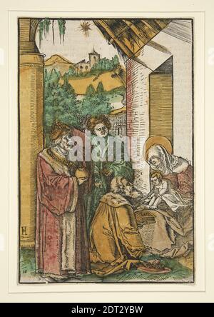 Artiste: Hans Leonard Schaufelein, Allemand, 1480–1538, adoration des Mages, feuille de bois de couleur, feuille de papier: 20 × 13.3 cm (7 7/8 × 5 1/4 po.), fait en Allemagne, Allemand, 16ème siècle, oeuvres sur papier - tirages Banque D'Images