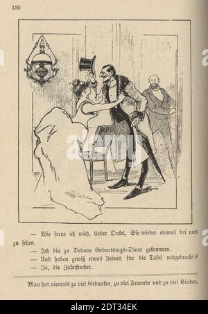 Caricature allemande victorienne d'une femme saluant un homme lors d'un dîner, 19e siècle. À quel point je suis heureux, cher Ontel, de vous accueillir une fois de plus. Banque D'Images