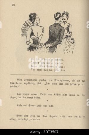 Caricature allemande victorienne d'un homme de la frideuse flirtant avec une belle femme, 19e siècle. Pour charmer la fille, il jure mille serments; il est déjà s Banque D'Images