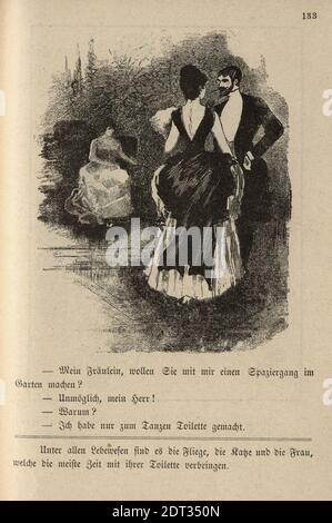 Caricature allemande victorienne d'un homme flirtant avec une femme utilitaire, XIXe siècle. Miss, vous voulez faire une promenade dans le jardin avec moi? Impossible Banque D'Images