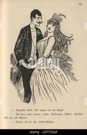 Caricature allemande victorienne d'un homme dansant avec une belle femme, XIXe siècle. Enfant charmant, vous dansez comme un ange! Je peux aussi faire de la gymnastique, de la randonnée Banque D'Images