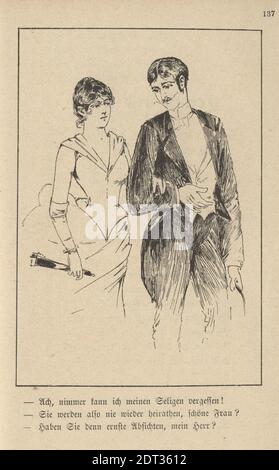 Caricature allemande victorienne d'un jeune couple, 19e siècle. Oh, je ne peux jamais oublier mon heureux! Donc, vous êtes la publicité de ne jamais se marier encore, joli le fera Banque D'Images