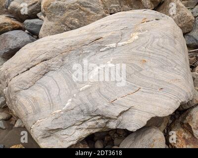 Boulder de roche métamorphique (Schist) dans un lit de rivière Les pentes occidentales des Andes en Equateur Banque D'Images