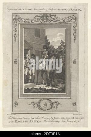 Artiste: Hawkins, Britannique, après: Hugh Douglas Hamilton, Britannique, 1739–1808, le général américain Lee fait prisonnier par le lieutenant-colonel Harcourt de l'Armée anglaise, dans le comté de Morris, New Jersey, 1776, gravure, 33.3 × 22.9 cm (13 1/8 × 9 po), fabriqué au Royaume-Uni, britannique, 18e siècle, œuvres sur papier - gravures Banque D'Images