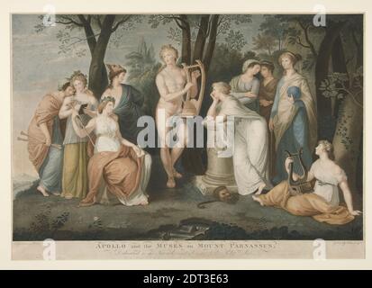 Artiste: George Sigmund & amp; Johann Facius, allemand, Apollon et les Muses sur le Mont Parnassus, Etching, aquatint, et gravure, a incrusté une poupie, avec coloration à la main, feuille: 21 9/16 × 30 1/16 po. (54.7 × 76.3 cm), fabriqué en Allemagne, Allemand, 18ème siècle, travaux sur papier - tirages Banque D'Images
