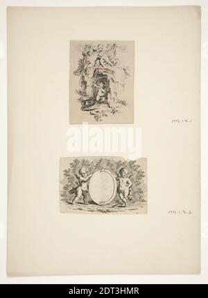 Artiste: Hubert François Gravelot, Français, Angleterre active, 1699–1773, .1: Putto dans une grotte qui se cache les yeux; .2: Putti tenant un médaillon ovale, gravures, feuille: 24.45 × 17.78 cm (9 5/8 × 7 po.), Français, 18ème siècle, oeuvres sur papier - tirages Banque D'Images