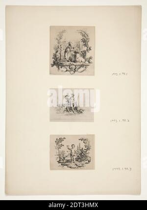 Artiste: Hubert François Gravelot, Français, Angleterre active, 1699–1773, .1: Arrosage d'une plante; .2: Temperence; .3: Enfant dans un jardin, env. 1760, gravures, feuille: 6.4 × 6 cm (2 1/2 × 2 3/8 in.), fabriqué en France, Français, 18ème siècle, oeuvres sur papier - estampes Banque D'Images