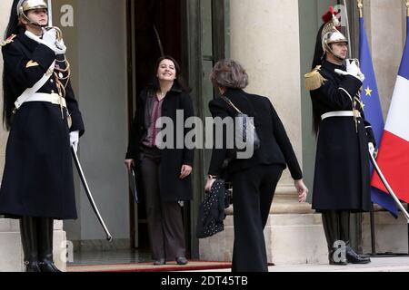 La ministre française de l'égalité territoriale et du logement, Cecile Duflot, et la sous-ministre française des personnes âgées et handicapées, Michele Delaunay, arrivent au palais présidentiel de l'Elysée pour la première réunion hebdomadaire du cabinet de l'année, à Paris, en France, le 3 janvier 2014. Photo de Stephane Lemouton/ABACAPRESS.COM Banque D'Images