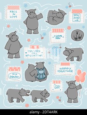 Ensemble de hippos dans différentes poses, avec des bulles. Il y a de courtes notes d'amour sur le papier carré et avec le texte avec la bande scotch Illustration de Vecteur