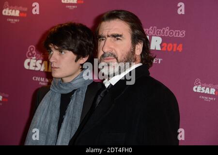 Alain-Fabien Delon et Eric Cantona participant au dîner « Cesar 2014 Revelations » qui s'est tenu à l'hôtel Meurice à Paris, en France, le 13 janvier 2014. Photo de Nicolas Briquet/ABACAPRESS.COM Banque D'Images