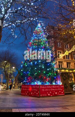 Dublin, Irlande - 19 décembre 2020 : lumières festives d'un magnifique arbre de Noël sur la rue O'Connell et la rue Henry en début de matinée Banque D'Images