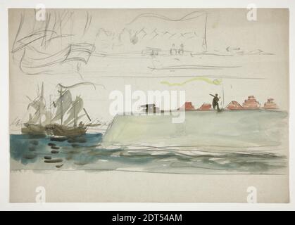 Artiste: Edwin Austin Abbey, américain, 1852–1911, M.A., 1897, Bateaux en mer: Navire de guerre en premier plan, voilier à distance - (illustration non identifiée), craie noire, aquarelle, vélin gris, 35.2 × 50.6 cm (13 7/8 × 19 15/16 po.), fabriqué aux États-Unis, américain, 19e siècle, œuvres sur papier - dessins et aquarelles Banque D'Images