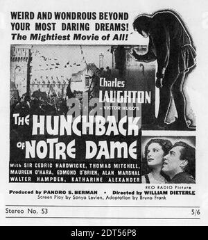 CHARLES LAUGHTON comme Quasimodo MAUREEN O'HARA comme Esmeralda et EDMOND O'BRIEN comme Gringoire dans LA CHASSE DE NOTRE DAME 1939 directeur WILLIAM DIETERLE roman Victor Hugo RKO radio Pictures Banque D'Images