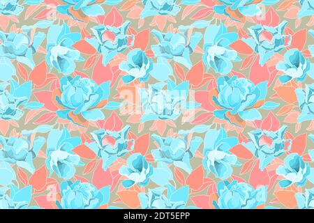 Motif fleuri vectoriel sans coutures. Roses bleues, feuilles roses, orange et bleues Illustration de Vecteur